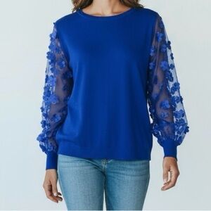 Sioni Milano Sapphire Blue Floral Semi Sheer Sleeve Sweater Women Size 2X NWT